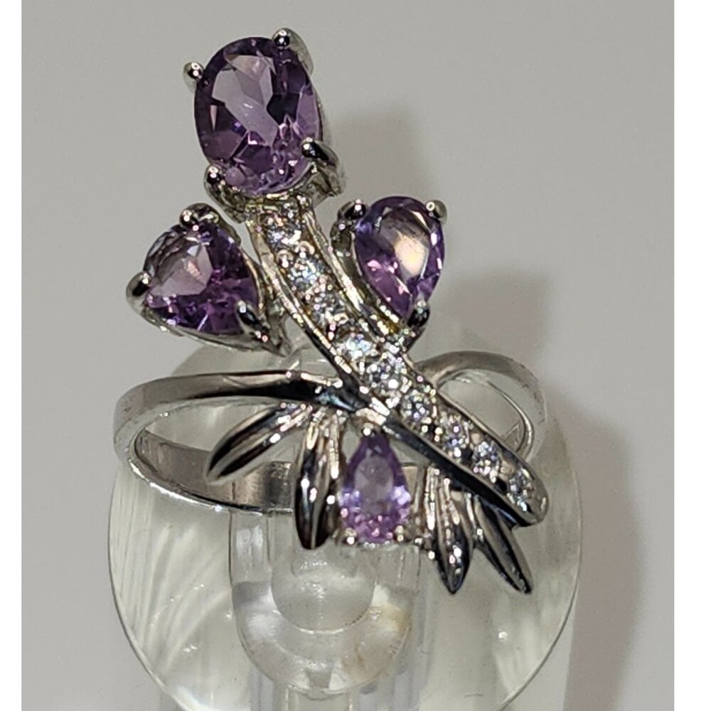 .925 Sterling Silver Natural Amethyst/CZ Floral Bouquet Ring Size 8.5 Value $590